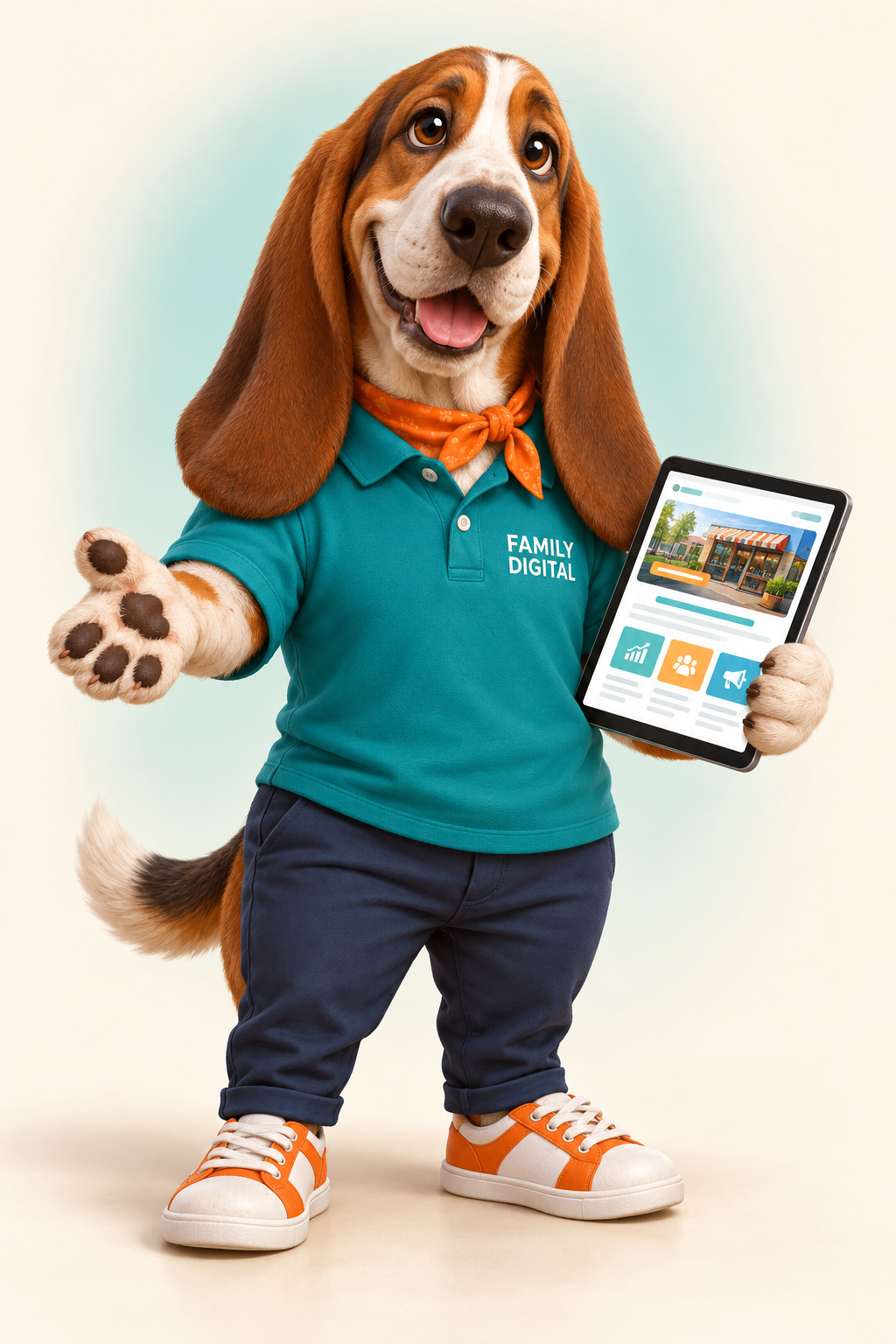 Bey, el basset hound de Family Digital, te da la bienvenida con su tablet